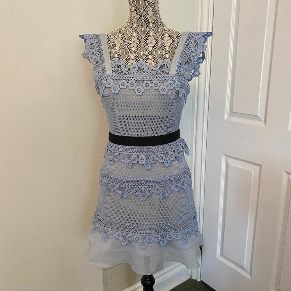 Self-Portrait Elegant Lace Trim Dress with Black Belt